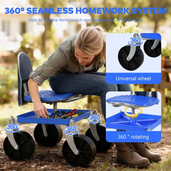Gardening Work Seat Rolling Seat Height Adjustable Garden with Wheels Heavy Duty Tool Cart Storage Tray for Seniors Yard Patio Work 330