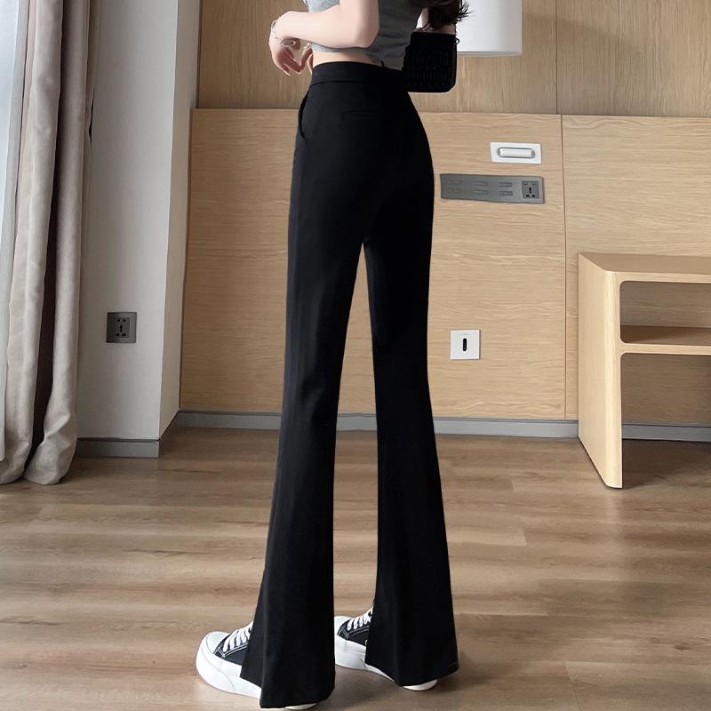 High-Waist Black Flared Pants for Women - Spring/Fall Slimming, Plus Size, Lightweight Front Slit Design