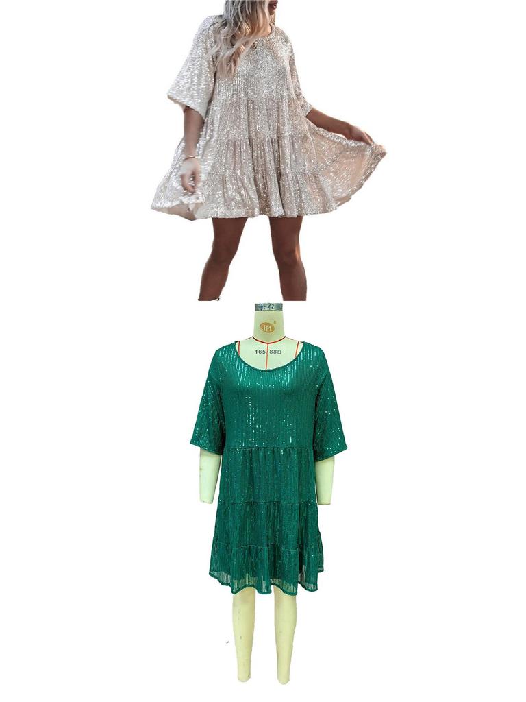 Euro-American Sequin Colorblock Evening Gown: Short Sleeve, Loose Fit, Round Neck