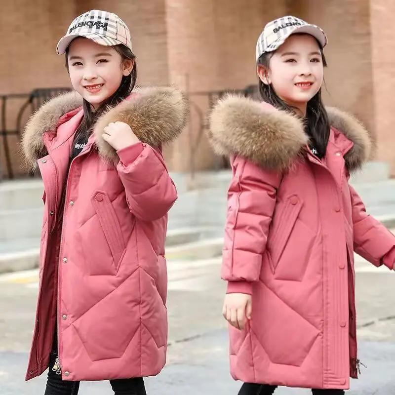 5-14 Years Teenagers Girls Winter Jacket Big Fur Collar Long Style Cold Proof Hooded Coat For Kids Thick Keep Warm Clothes
