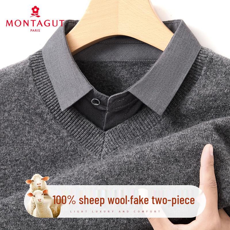 

MONTAGUT Men s Faux Two-Piece Collar Merino Wool Sweater XL