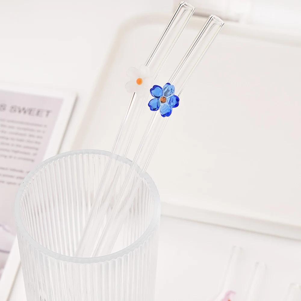 6PCS Reusable Drinking Straws Cute Flower Glass Straws with Cleaning Brush for Coffee Lover Smoothies Frozen Drinks Tea Juice