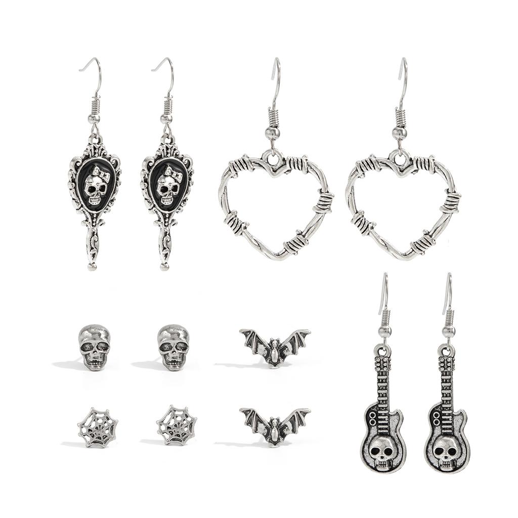 SHIXIN 6 Pair Goth Skull Bat Cross Stud Earrings for Women Punk Heart Guitar Skeleton Drop Earrings Vintage Halloween Jewelry