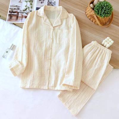 Frische Pyjama-Sets für Damen, doppellagige Gaze, faltige Baumwolle, Nachtwäsche, weiß, langärmelig, eleganter Pyjama aus reiner Baumwolle