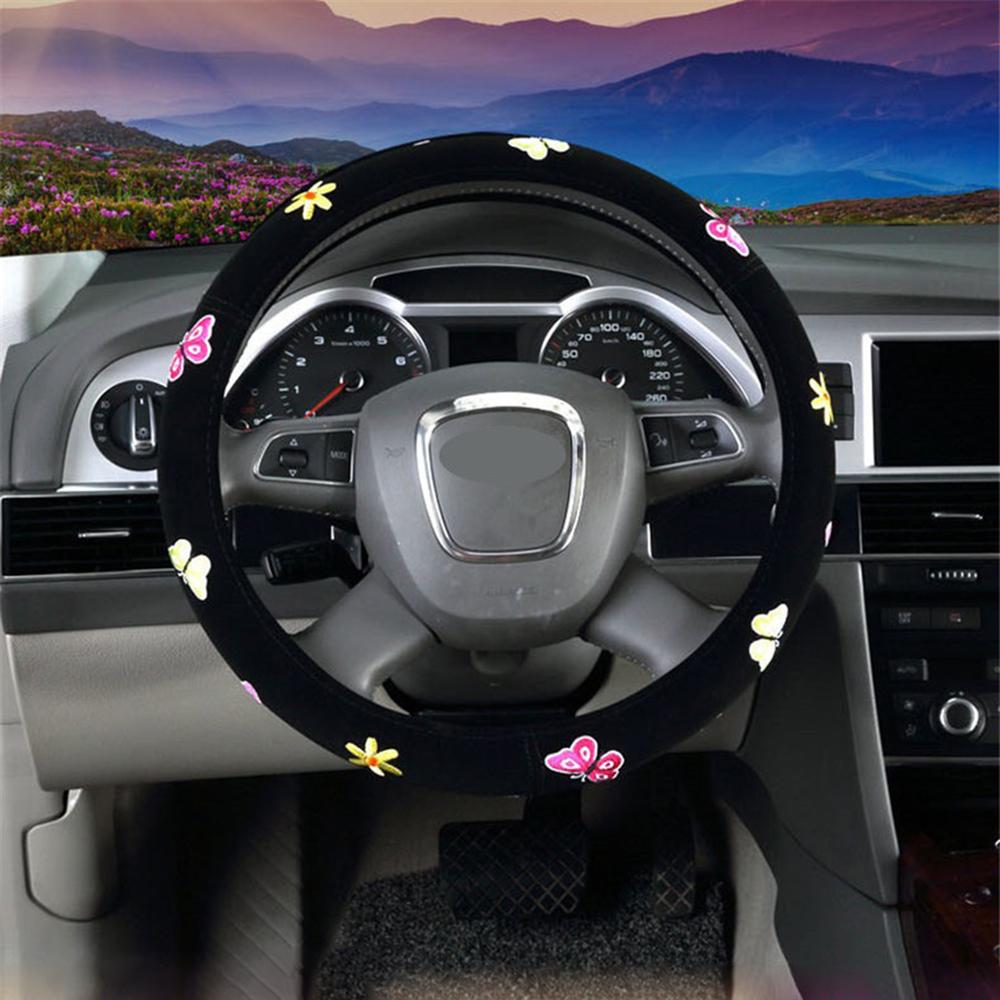 Universal 38cm Butterfly Flower Embroidery Car SUV Interior Steering Wheel Cover