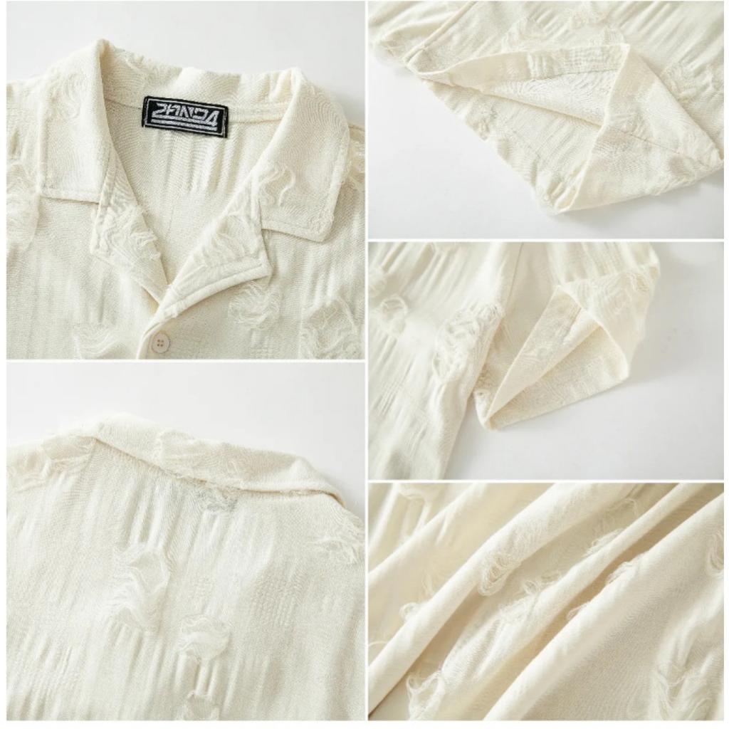 Men's Casual -color Short-sleeved Shirt Men's Retro Distressed Shirt Blouse