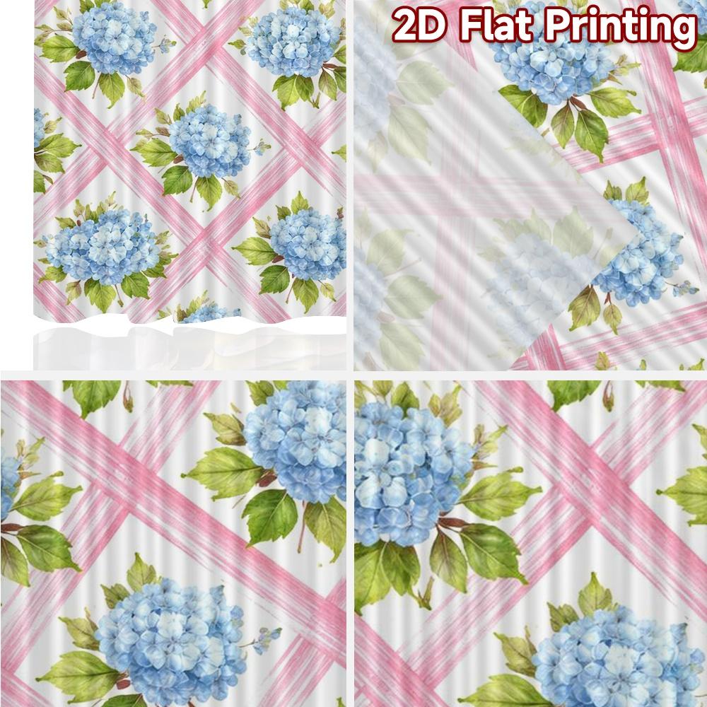 2D FLAT PRINTING 2pcs Curtains (Without Rod) Blue Flowers On Pink Grid Fashionable Chic Curtains Versatile Fabric Curtains