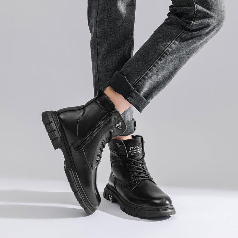 2025 new first-layer cowhide men's genuine leather Martin boots winter men's high-top tooling shoes trendy velvet leather boots