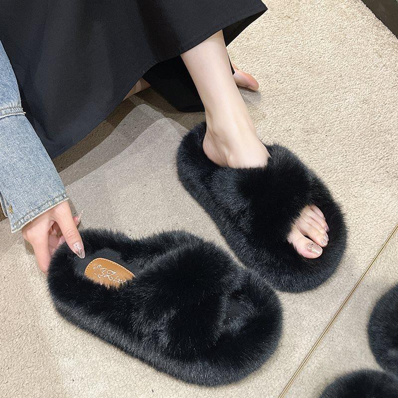 Spring and Autumn Height Increase Fluffy Slippers Women Wear Fleece Large Size Fairy New Wind Cotton Drag Thick Bottom 2025 Black
