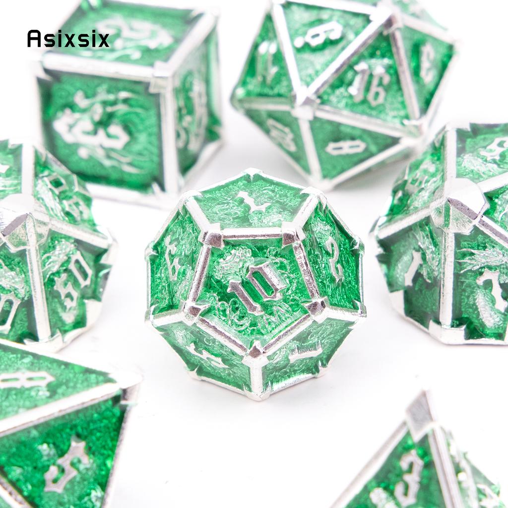 7 Pcs Green White Skull Metal Dice Solid Metal Polyhedral Dice Set Suitable for Role-Playing RPG Board Game Card Game