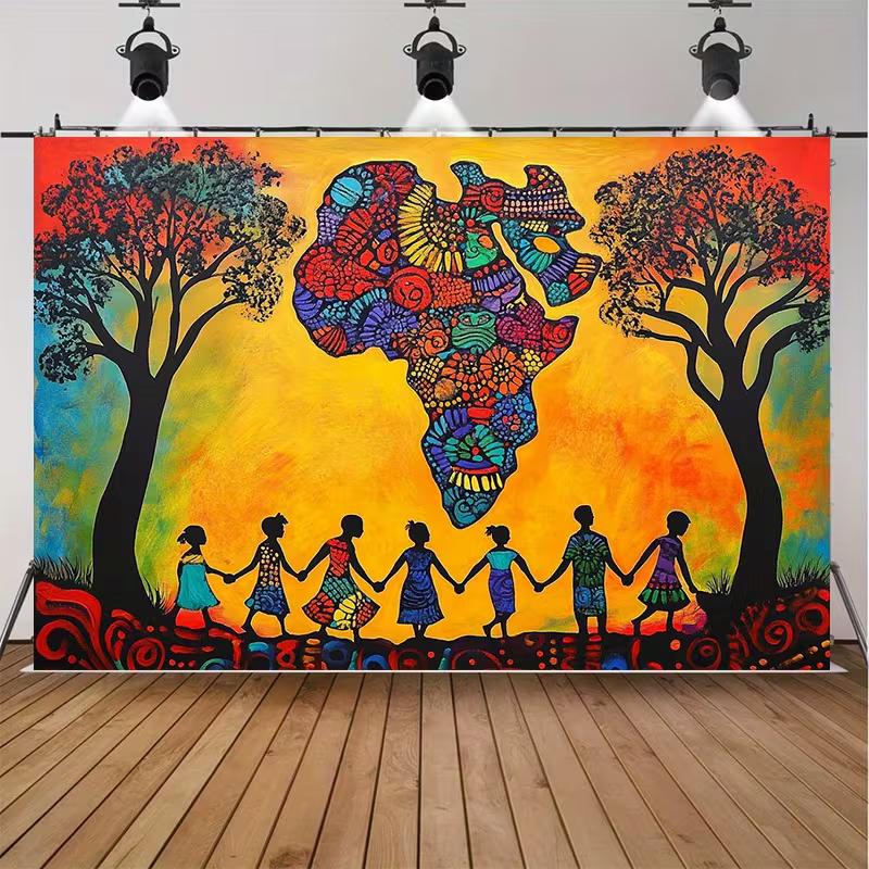 2D Afrikanische Heritage Party Kulisse, Farbige Afrikakarte mit Kinder-Silhouette für Fotoshooting