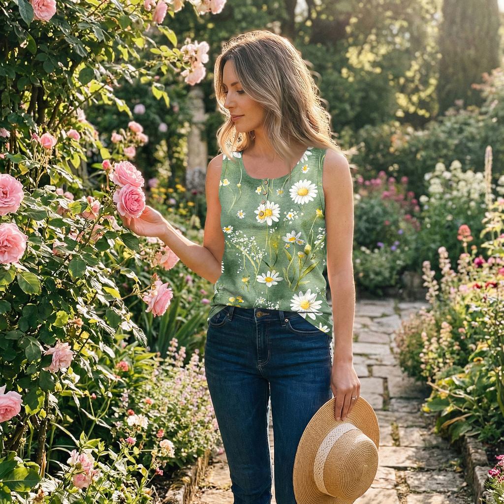Women Sleeveless U Neck Button Front Floral Print Casual Tank Top Lightweight Summer Blouse