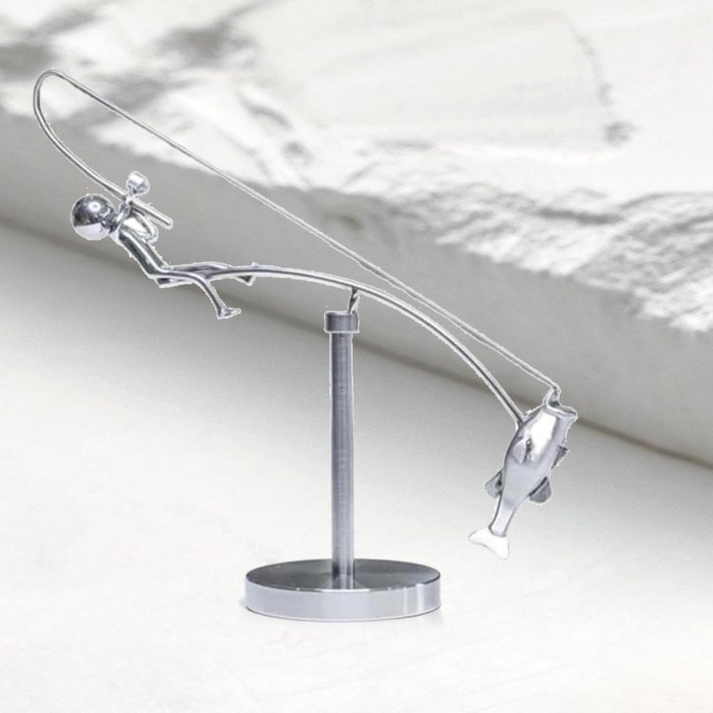 The Fisherman Balancing Sculpture, Kinetic Fishing Sculpture, Balance Art for Your Space, Fisherman & Bass Motion Kinetic Art Balance Decoration (A-1P