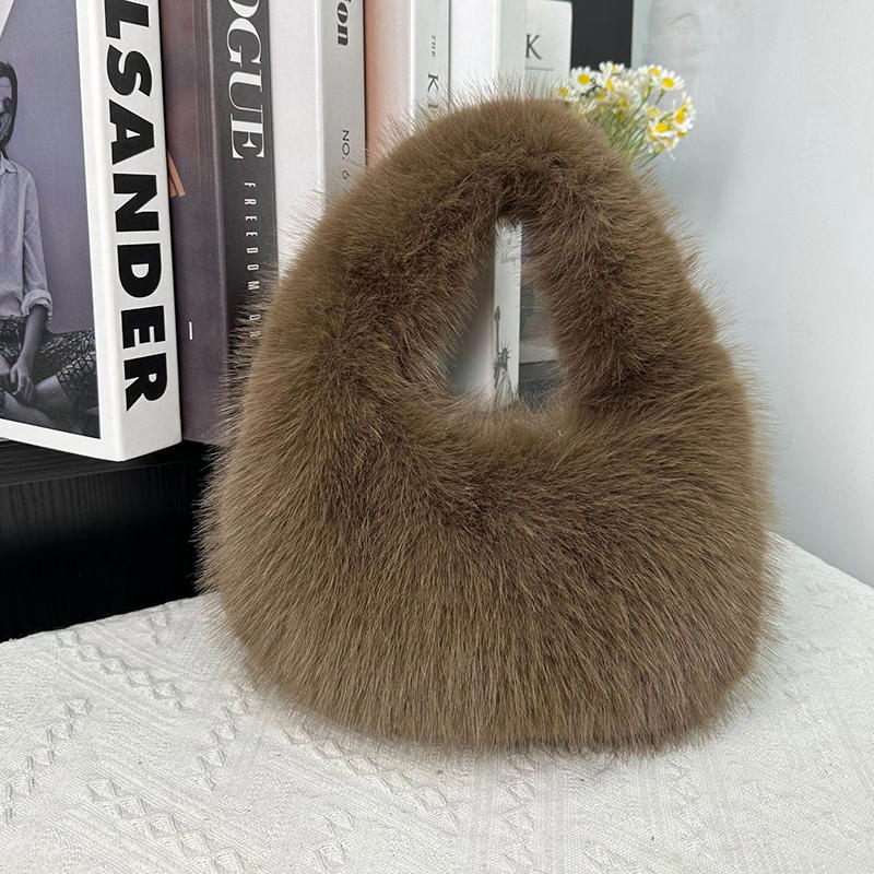 Fashion Soft Plush Half Moon Bags for Women Designer Fluffy Faux Fur Lady Handbags Luxury Small Tote Female Winter Purses