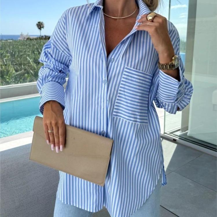 Casual Loose Women Long Sleeve Blouse Blue Pink Striped Button Shirt One Pocket Office Lady Camisas Femininas Camisas Lisas
