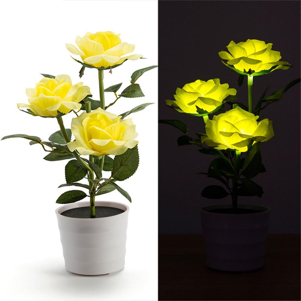 Solar Powered LED Artificial Rose Flower Pot with Realistic Leaves and Stems Outdoor Decorative Garden Light for Patio Yard Pathway