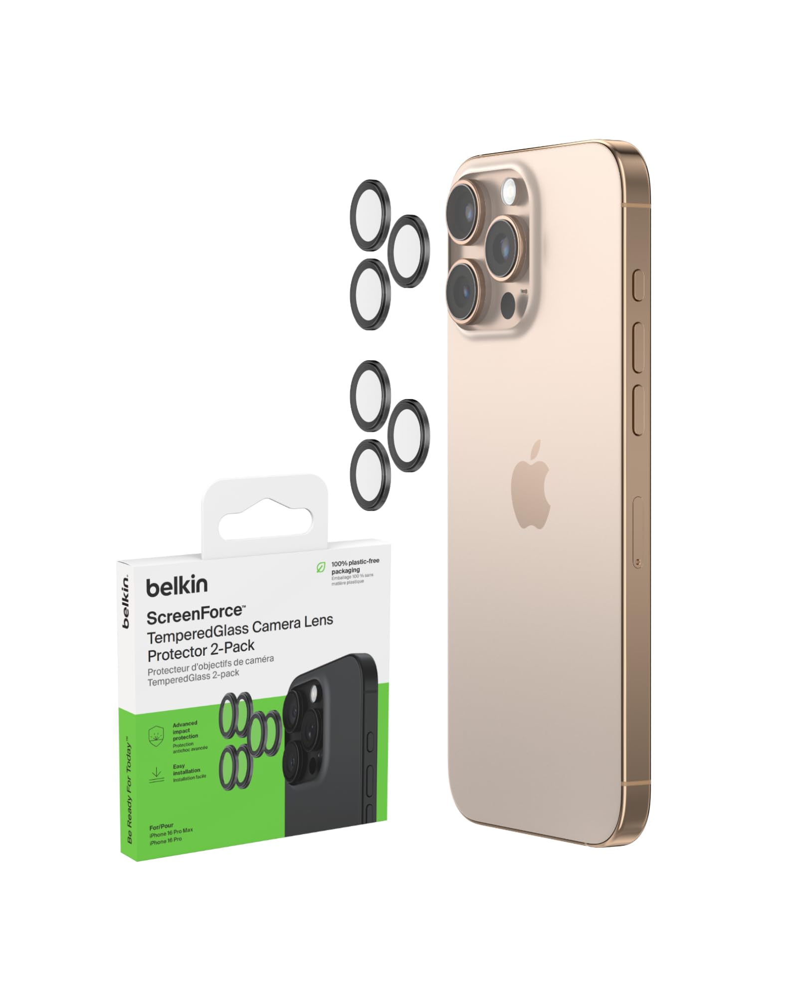 

Belkin Lens Protector for iPhone 16 Pro Set of Tempered 9H Easy Installation Kit OVA182fqBK Cover/Camera Pro/16 Max, 2, 0.33mm Glass, Hardness,