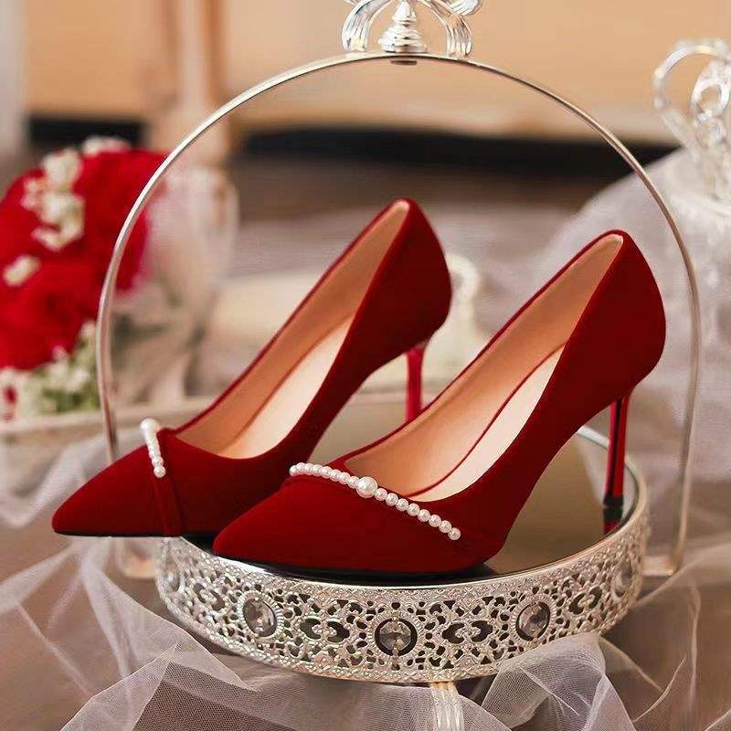 

French wedding shoes winter feminine Xiuhe wedding dress two wear high heels niche bridal shoes red pearl single shoes 40