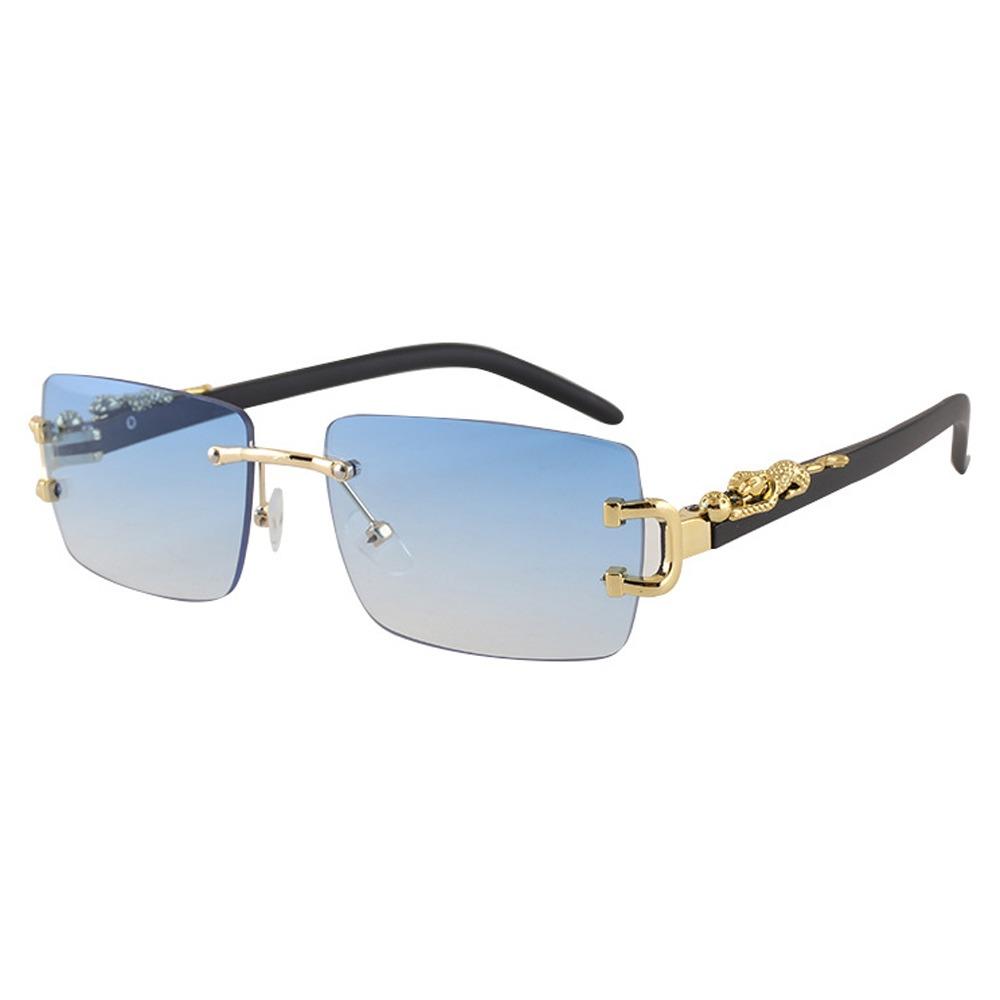 Leopard Decor Rectangular Sunglasses Metal Frame Cut-Edge Rimless Shades UV400 Protection Frameless Eyewear for Women & Men