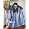 Navy Collar Patchwork Shirt for Women New Loose Fashionable Blue Long Sleeved Tops Female's Chic Single Breasted Shirts