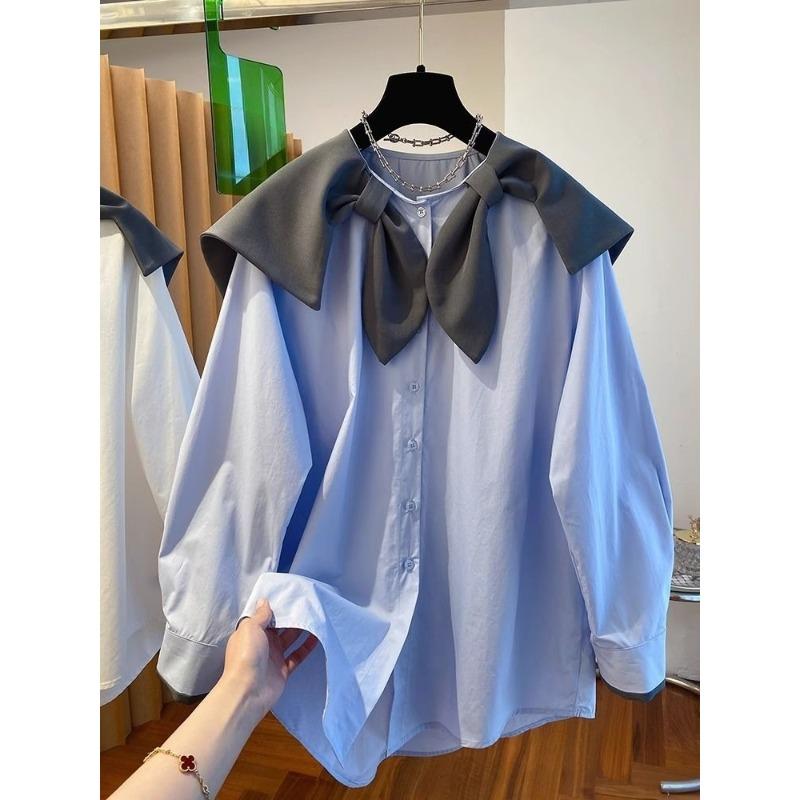 Navy Collar Patchwork Shirt for Women New Loose Fashionable Blue Long Sleeved Tops Female's Chic Single Breasted Shirts