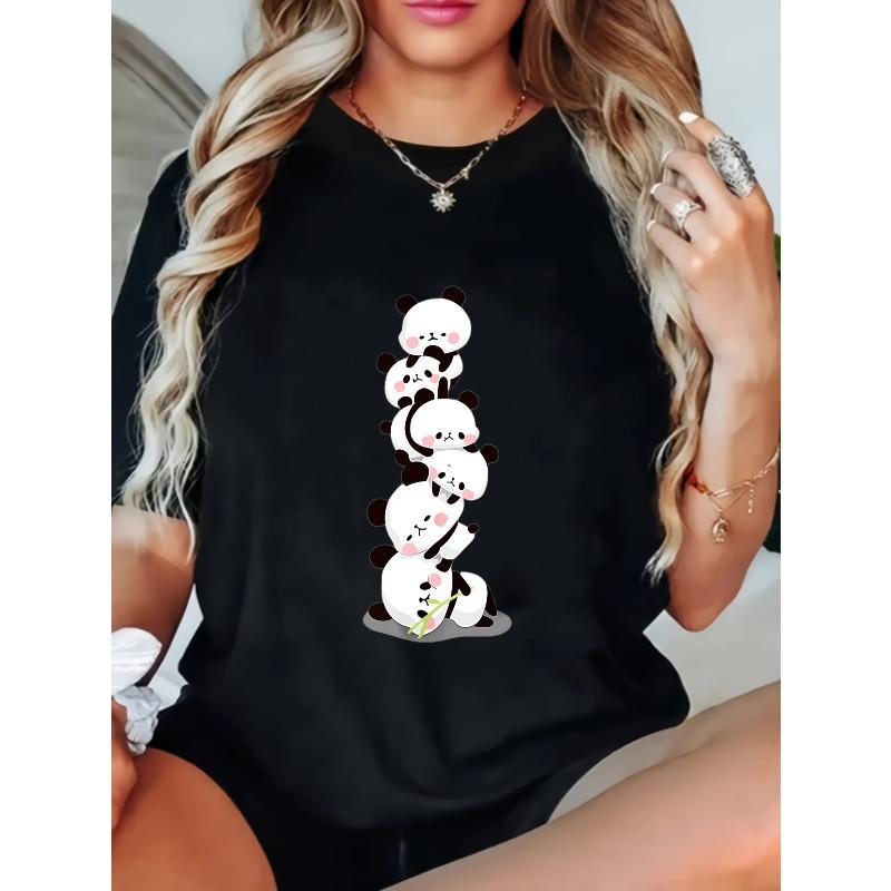

Cute Panda Stack Printed T-Shirt Black Cartoon Pandas Stacking Design Casual Wear for Women Everyday Outfit Summer Fashion Top S