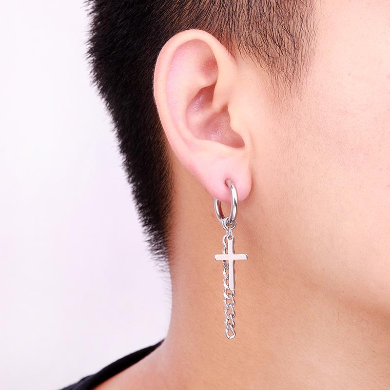 Newest 1 Pair Stainless Steel Cross Pendant Dangle Long Tassel Unisex Hoop Earrings Men/Women Punk Gothic Zircon Best Gifts