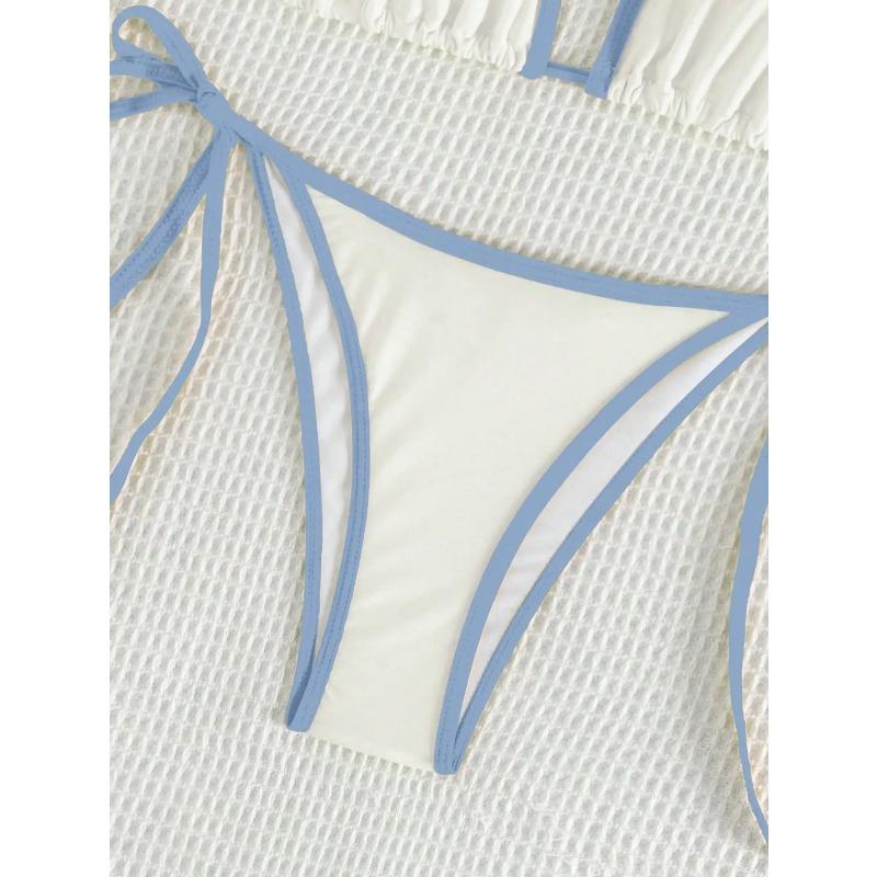 Summer White and Blue Color-block Bow-tie Pure Bikini Set Suitable for Women's Beach Vacation