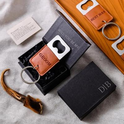 Engraved Groom Groomsmen Best Man Beer Bottle Opener Gifts PU Leather Keychain Father of the Groom/bride Wedding Men's Gifts