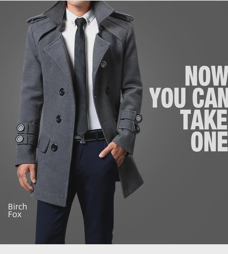 2024 Autumn/Winter Men's Slim Double-Breasted Wool Trench Coat - Trendy Korean Style