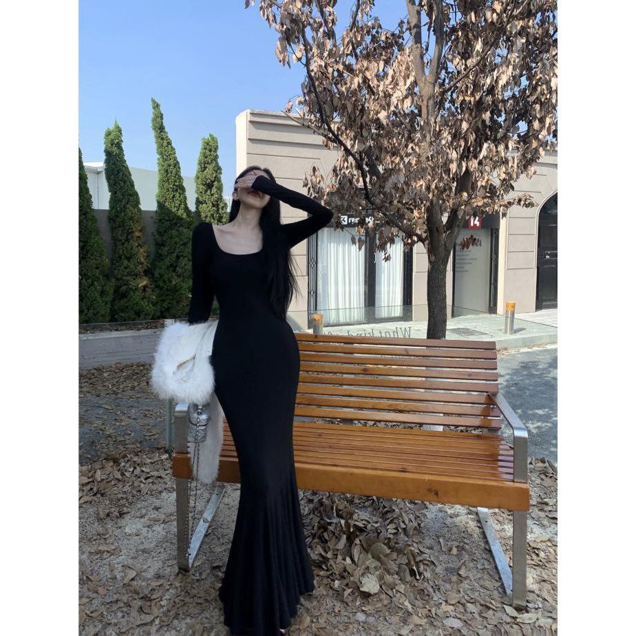 Schickes Langarm-Fischschwanzkleid mit quadratischem Ausschnitt für Damen