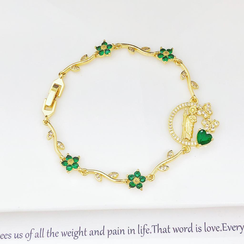 New Design Gold Plated Religious St. Jude Rhinestone Flower Bracelet Fashion for Women Dainty Christian Jewelry Birthday Gift