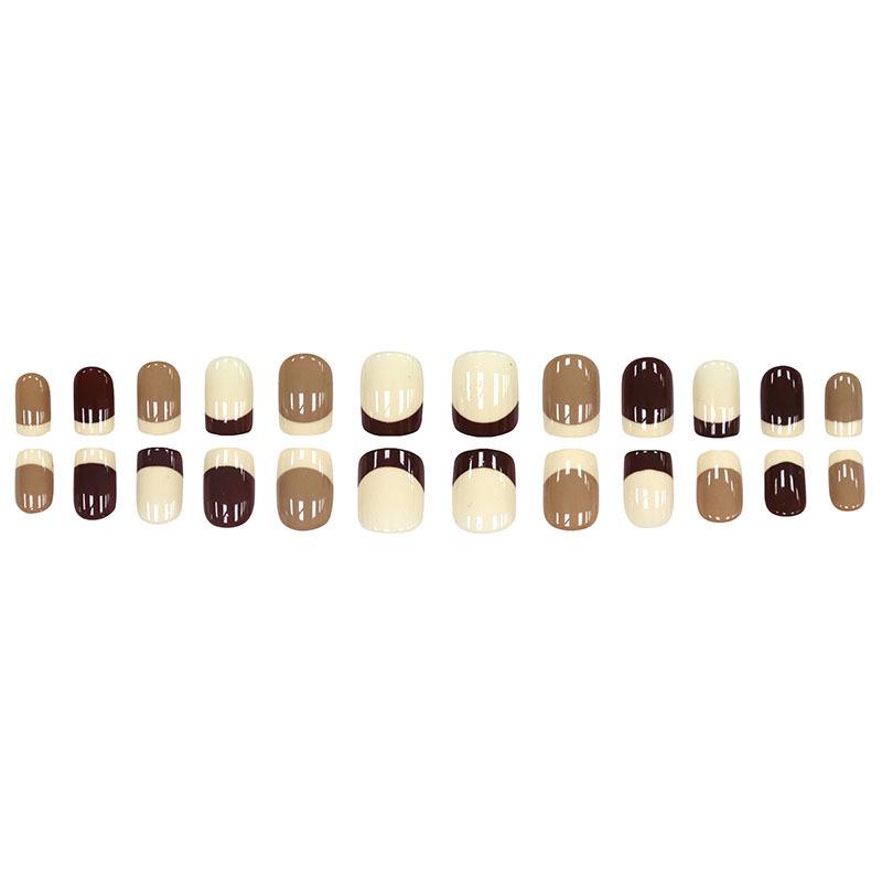 Brown Tone French Style Short Wearable Nail Tips - Detachable Patchwork Nail Art Stickers