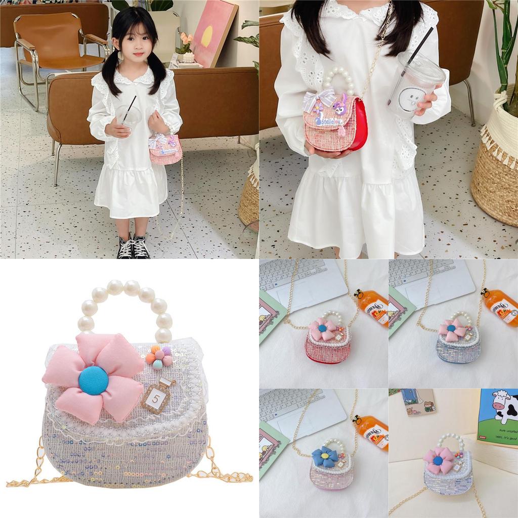 Cute Pu Leather Children's Handbag With Floral Sequins Princess Series Shoulder Bag For Toddlers