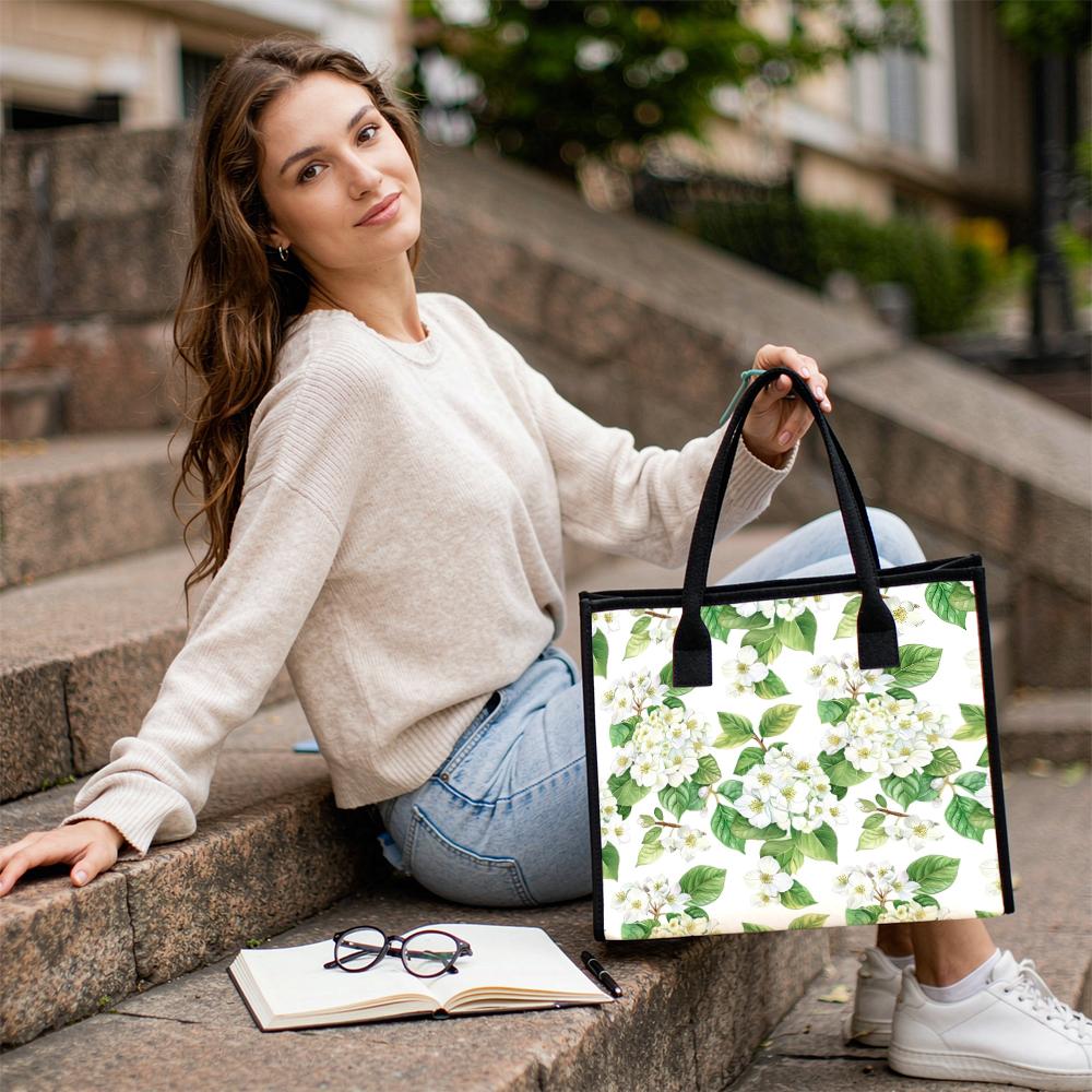 Floral Canvas Tote Bag Casual Daily Handbag Large Capacity Shoulder Bag for Women Lightweight Reusable Shopping Bag