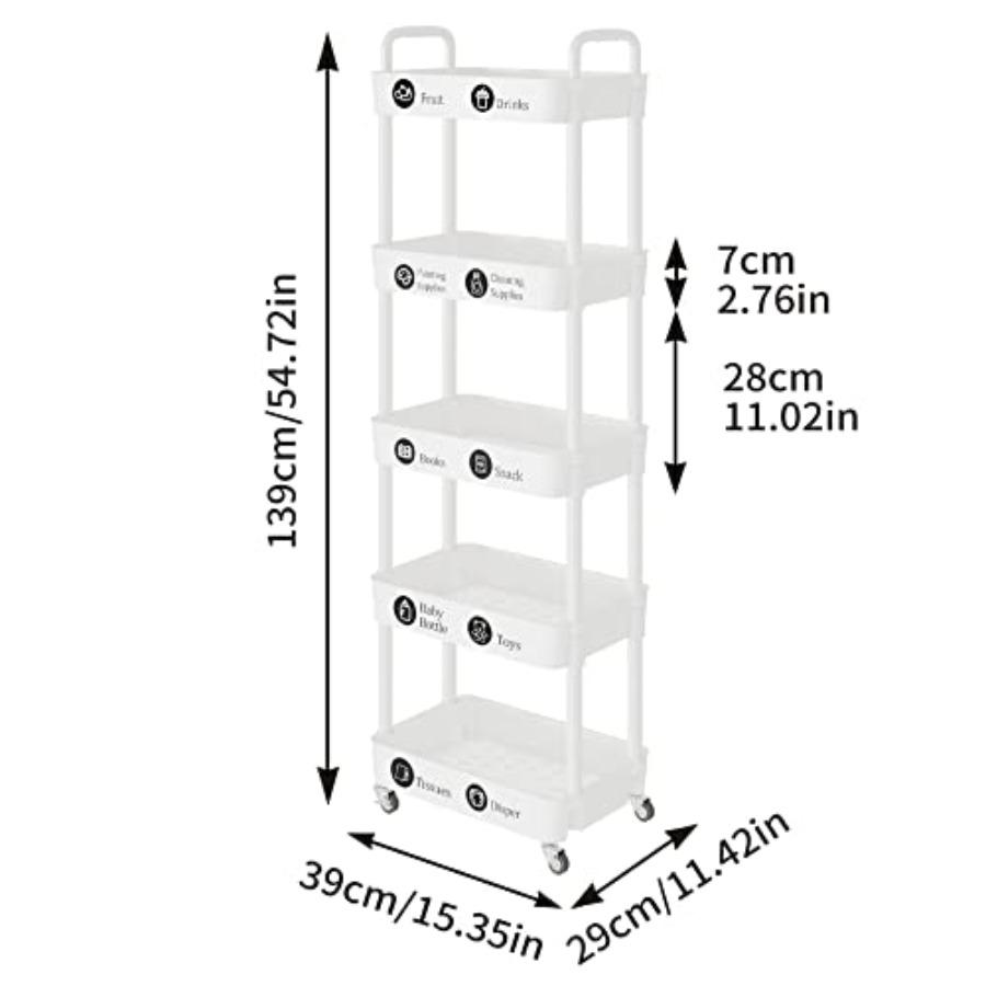 5-Tier Rolling Cart with Wheels Multifunction Utility Storage Carts Kitchen Storage Organizer Mobile Shelving Unit for Bathroom