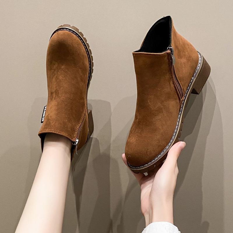 European and Americanforeign Trade Short Tube Medium Heel Retro Matte Short Boots Women's Cross-border Thick Heel Flat Bottom Side Zipper Martin Boots