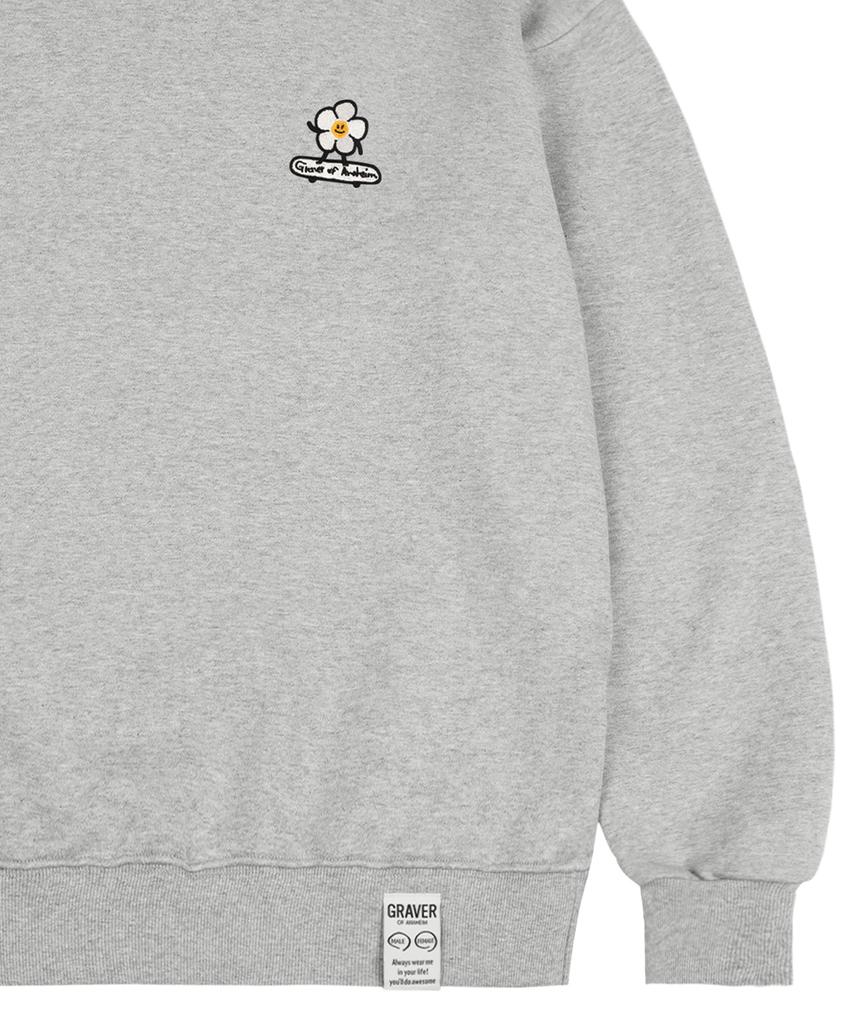 GRAVER [Unisex] Flower Board Embroidered Smile Sweatshirt_Gray