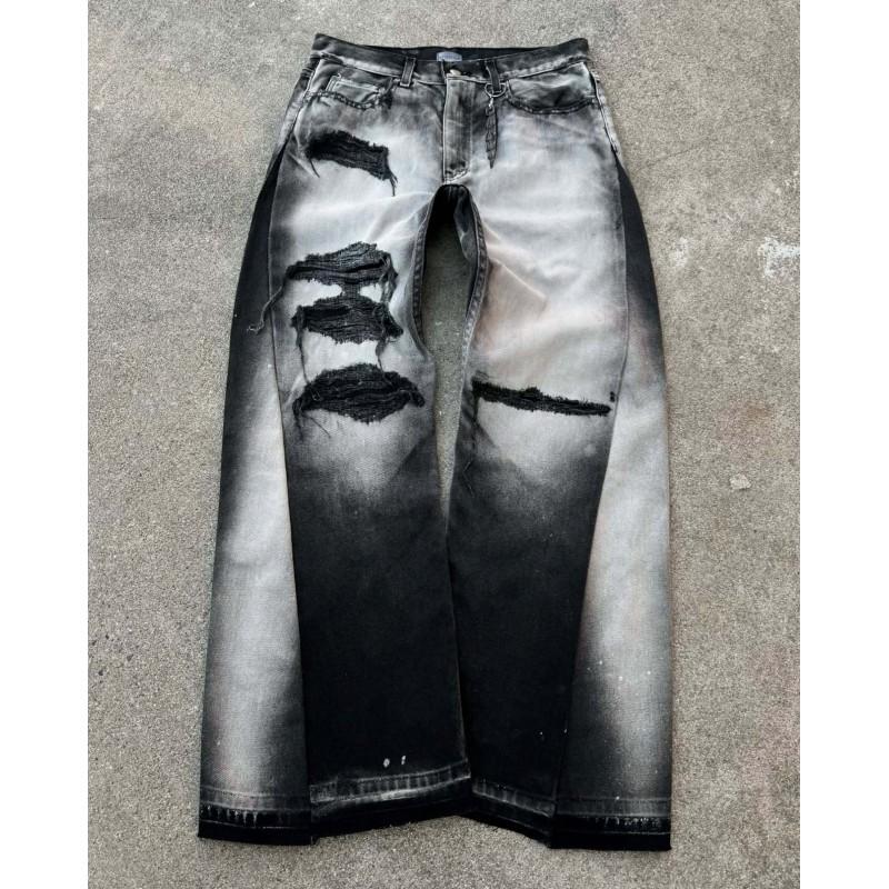 Unisex Relaxed Straight Cut Distressed Denim Jeans Streetwear Vintage Style Cotton Blend