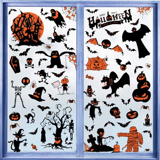 Fledermaus und Spinne Fensteraufkleber 9 Blatt Halloween Clings, Glückliche Kürbisse Hexe Geist Fledermäuse Schloss Gruselige Dekorationen Aufkleber, PVC Wasserdicht für