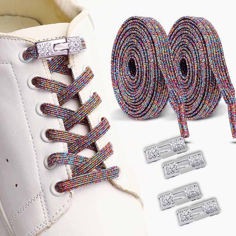 2 Paia di Lacci per Scarpe Elastici Glitterati - Lacci Elastici Colorati Senza Nodo - Accessorio per Scarpe con Fermagli a Croce Diamantati Bling per Indossarli Facilmente