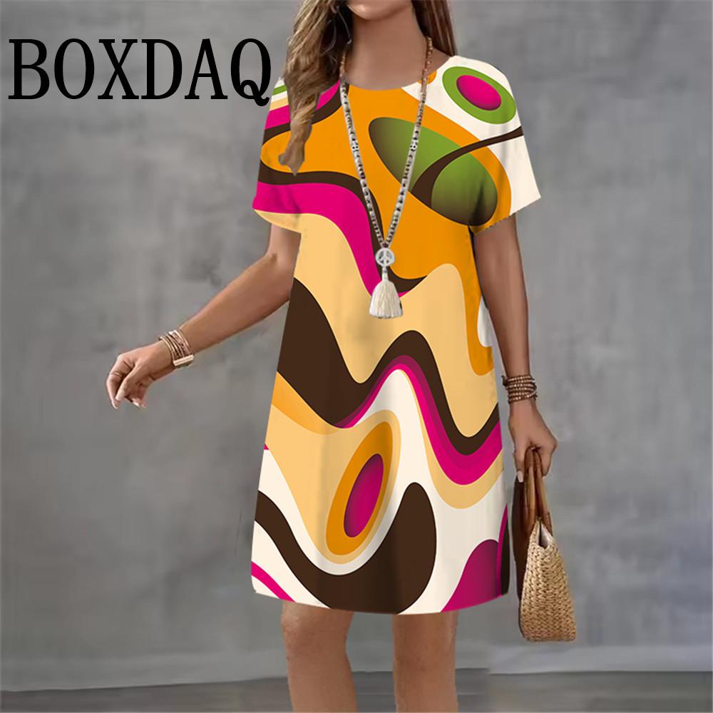3D Abstract Print Dress Women 2026 New Summer Fashion Short Sleeve Loose Dress Casual O-Neck Ladies Short Dress