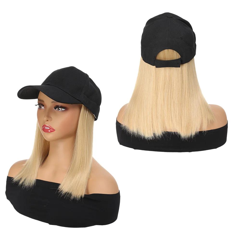 Elegant Women'S Black Baseball Cap With Adjustable Hat Wig - Long Straight Synthetic Hair, One Piece