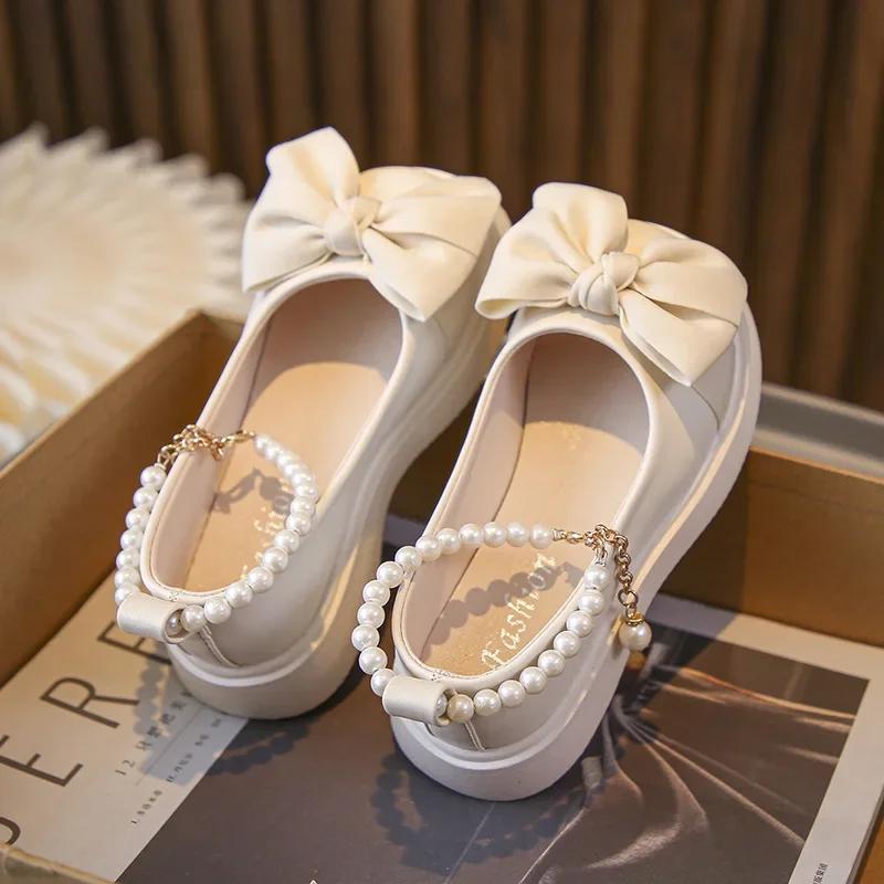 Children's Fashionable Black Leather Shoes with Pearl Chain Bow Cute Girl Mary Janes 2024 New Kids Versatile Wedding Party Shoes