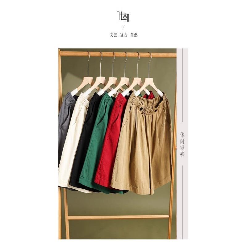 Womens Pure Cotton Solid High Waist Wide Leg Loose Plus Size Five Point Shorts