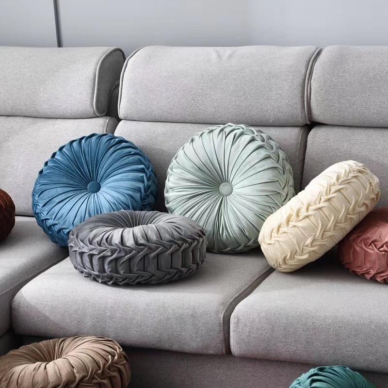 Pernă pentru pernă din catifea de lux europeană, țesătură rotundă, lucrată manual, plisată, cu roți, dovleac, 35 cm