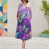 Women Plus Size Long Sleeve V Neck Dark Blue Butterfly Floral Printed A Line Midi Dress With Pockets
