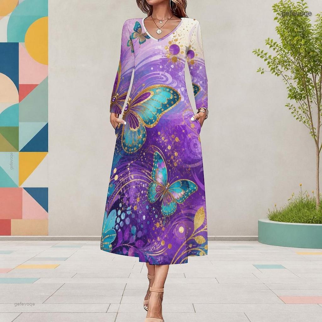 Women Plus Size Long Sleeve V Neck Dark Blue Butterfly Floral Printed A Line Midi Dress With Pockets