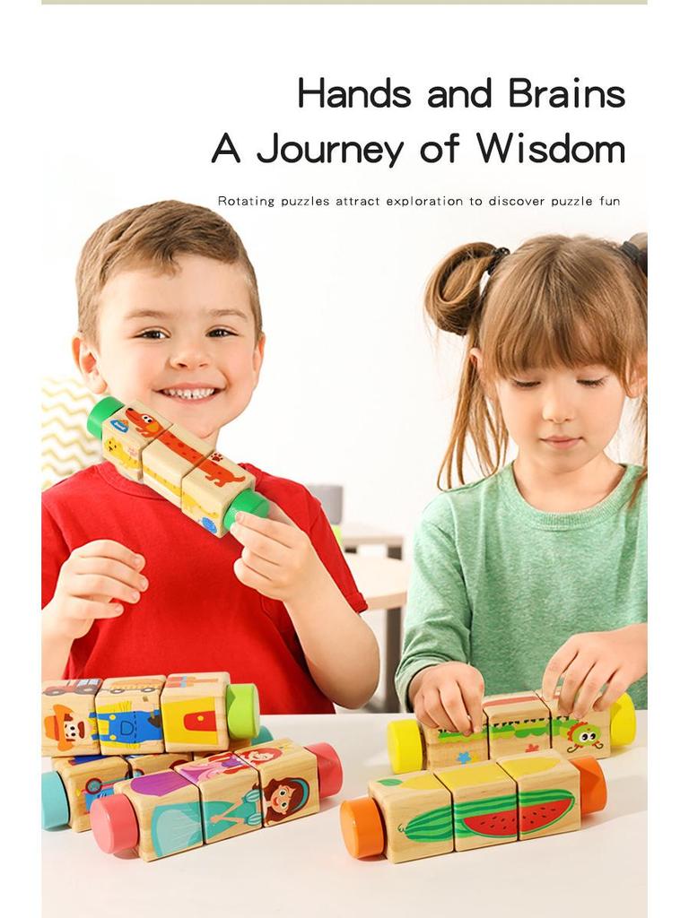 Wooden 3D Cartoon Animal & Fruit Puzzle Blocks for Toddlers – Rotating Educational Board