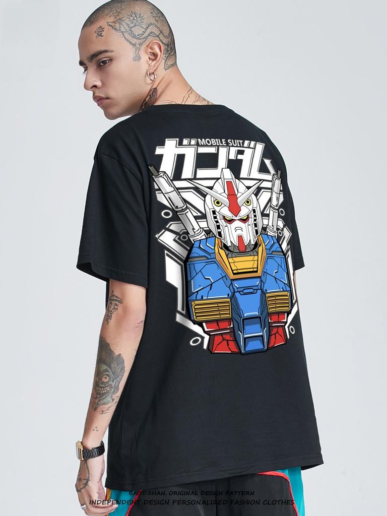 Gundam Shortsleeved Printed Tshirt 2025 Summer Male Tide Brand Cartoon Printing Pure Cotton Loose Youth Round Neck Tshirt